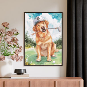 Aquarell Süßer Golden Retriever Golf Leinwanddruck