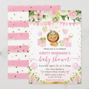 Aquarell Süßer Rosa Dschungel Löwe Baby Shower Einladung