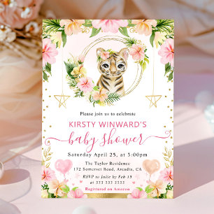Aquarell Süßer Rosa Dschungel Tiger Baby Shower Einladung