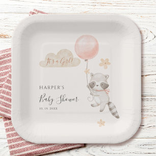 Aquarell Süßer Waschbär Fliegender Ballon Baby Sho Pappteller