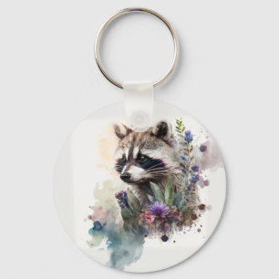 Aquarell Süßer Waschbär Frühlingsblumen Schlüsselanhänger