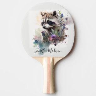 Aquarell Süßer Waschbär Frühlingsblumen Tischtennis Schläger