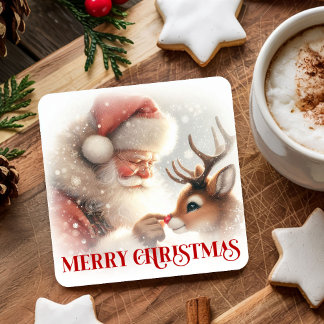 Aquarell Süßer Weihnachtsmann Rudolph Weihnachts-U Rechteckiger Pappuntersetzer