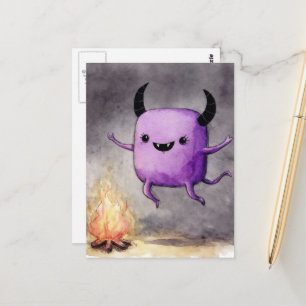 Aquarell Süßes Lila Monster und ein Lagerfeuer Postkarte