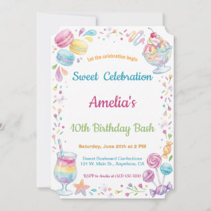 Aquarell Süßigkeiten Süße Feier Kinder Geburtstag Einladung
