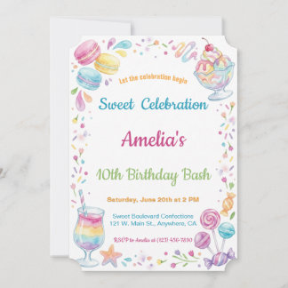Aquarell Süßigkeiten Süße Feier Kinder Geburtstag Einladung