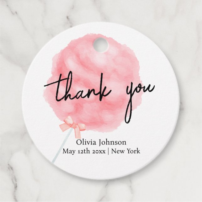 Aquarell Sweet Bow Cotton Candy Baby Dusche Geschenkanhänger (Vorderseite)