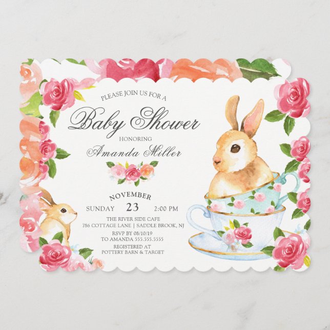 Aquarell Sweet Bunny Baby Dusche Tee Party Einladung (Vorne/Hinten)