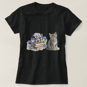 Aquarell-Tabby-Kätzchen-Stiefmütterchen-Bücher-Kun T-Shirt
