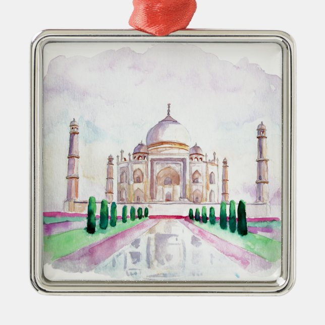 Aquarell Taj Mahal Silbernes Ornament (Vorne)