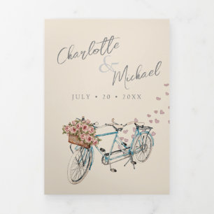 Aquarell-Tandemfahrrad mit Herzen Hochzeit Tri-Fo Dreifach Gefaltete Einladung