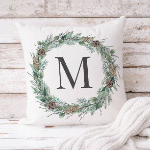 Aquarell-Tannen-Kranz Tannenzapfen-Monogramm Winte Kissen