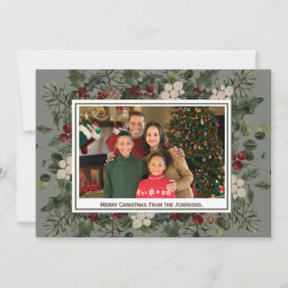 Aquarell-Tannen- und Stechpalmen-Foto-Weihnachtska Einladung