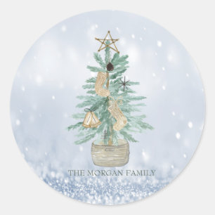 Aquarell-Tannenbaum Frohe Weihnachten Blaues Bokeh Runder Aufkleber