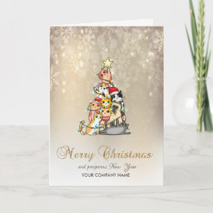 Aquarell-Tannenbaum-Katzen-Schneeflocken-Feiertags Feiertagskarte