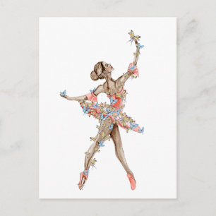 Aquarell tanzende Ballerina mit Schmetterling  Postkarte