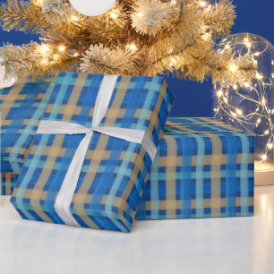 Aquarell-Tartan handgemalt in Blau und Orange Geschenkpapier