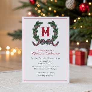 Aquarell-Tartan-Karo-Weihnachts-Monogramm-Kranz Einladung