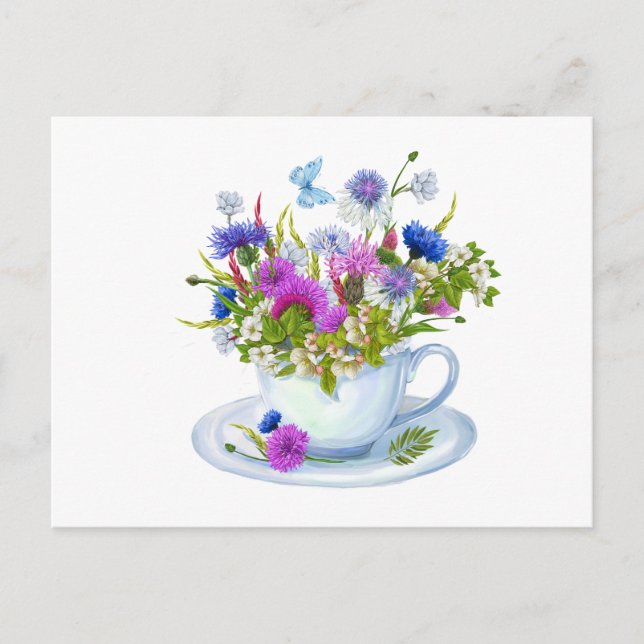 Aquarell Teacup mit Kornblumen, Wildblumen Postkarte (Vorderseite)