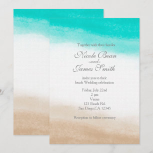 Aquarell Teal & Tan elegante Strandhochzeit Einladung