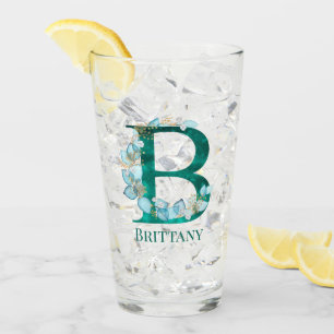 Aquarell-Teal- und Gold-Monogramm Buchstabe B Glas