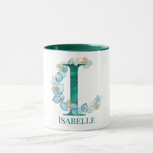 Aquarell-Teal- und Gold-Monogramm Buchstabe I Tasse