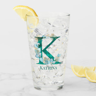 Aquarell-Teal- und Gold-Monogramm Buchstabe K Glas