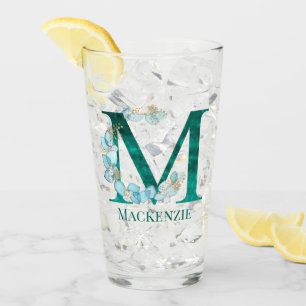Aquarell-Teal- und Gold-Monogramm Buchstabe M Glas
