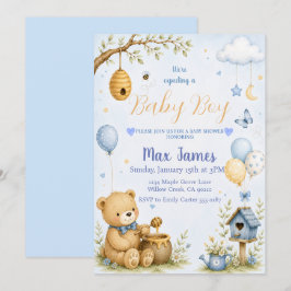 Aquarell-Teddybär-Biene-Baby-Junge-Baby-Party Einladung