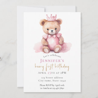 Aquarell-Teddybär-Mädchen 1. Geburtstagseinladung Einladung