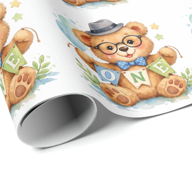 Aquarell-Teddybär mit Geburtstagsbanner ONE Geschenkpapier (Rolleneckpunkt)