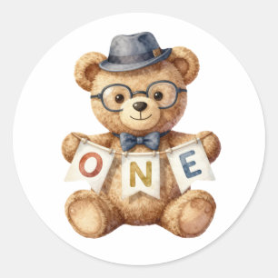 Aquarell-Teddybär mit Geburtstagsbanner ONE Runder Aufkleber