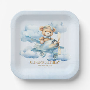 Aquarell-Teddybär-Pilot-Erster Geburtstag Pappteller