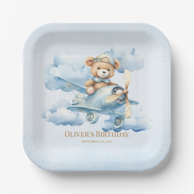 Aquarell-Teddybär-Pilot-Erster Geburtstag Pappteller (Vorderseite)