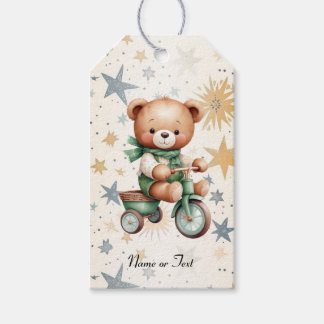 Aquarell-Teddybär-Sterne-Grün-Fahrrad-Party Geschenkanhänger