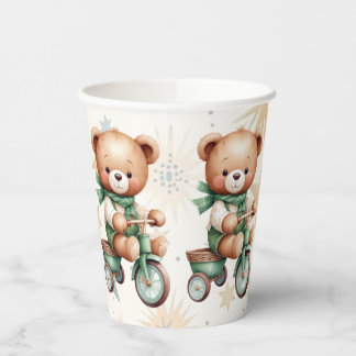 Aquarell-Teddybär-Sterne-Grün-Fahrrad-Party Pappbecher