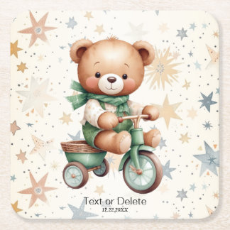 Aquarell-Teddybär-Sterne-Grün-Fahrrad-Party Rechteckiger Pappuntersetzer
