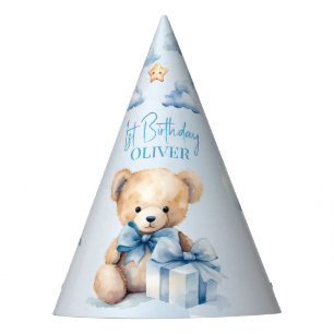 Aquarell-Teddybär und Geschenk zum ersten Geburtst Partyhütchen