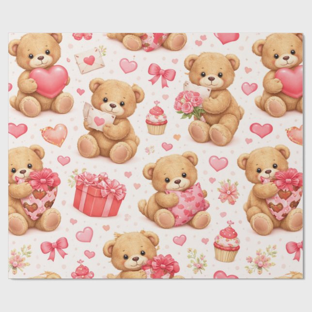 Aquarell-Teddybär-Valentinstag-Muster Geschenkpapier (Flach)