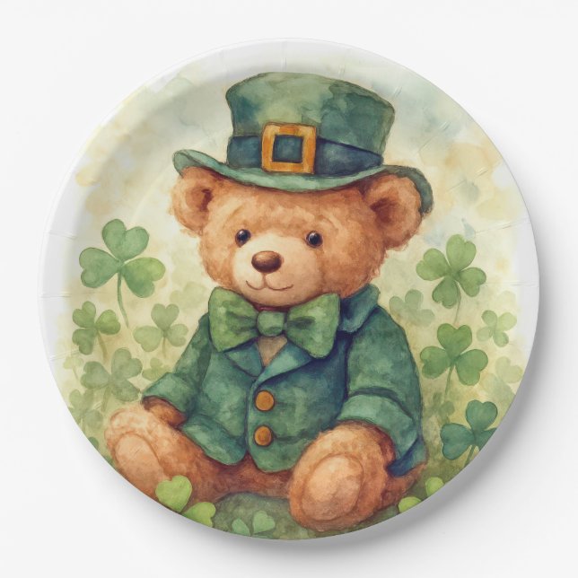 Aquarell-Teddybär zum St. Patrick's Day Pappteller (Vorderseite)