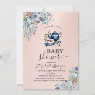 Aquarell Teekanne Blaubeer Blumen Baby Shower Einladung