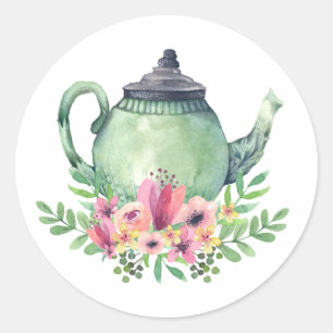 Aquarell-Teekanne mit Blumenbouquet Runder Aufkleber
