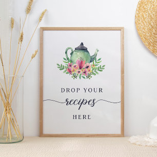 Aquarell-Teekannen-Rezepte-Fall-Hier-Schild Poster