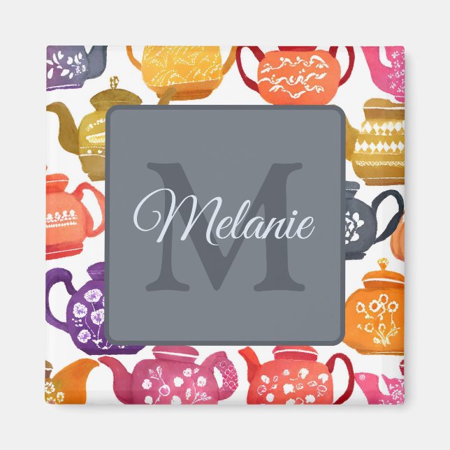 Aquarell-Teekannenmuster personalisiertes Monogram Magnet (Vorne)