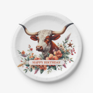 Aquarell Texas Longhorn Geburtstag Pappteller