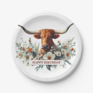 Aquarell Texas Longhorn Geburtstag Pappteller