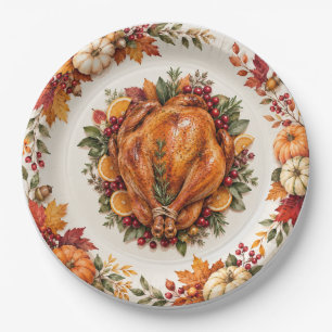 Aquarell Thanksgiving Ernte Herbst Kürbis Pappteller