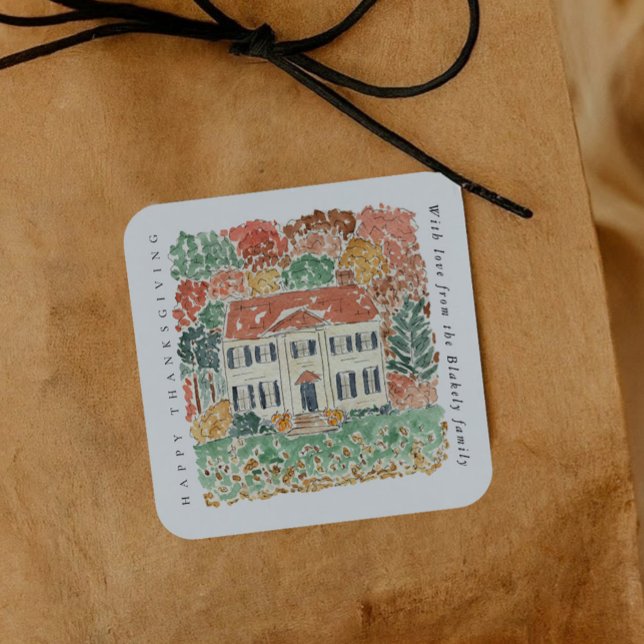 Aquarell Thanksgiving Herbst- Georgianisches Haus Quadratischer Aufkleber (Watercolor Thanksgiving Autumnal Georgian House Square Sticker)