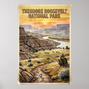 Aquarell Theodore-Roosevelt-Nationalpark Retro Poster