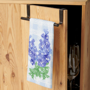Aquarell Tiefblauer Rittersporn Blassblau Gingham Geschirrtuch